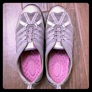 Silver and purple slip on sneakers